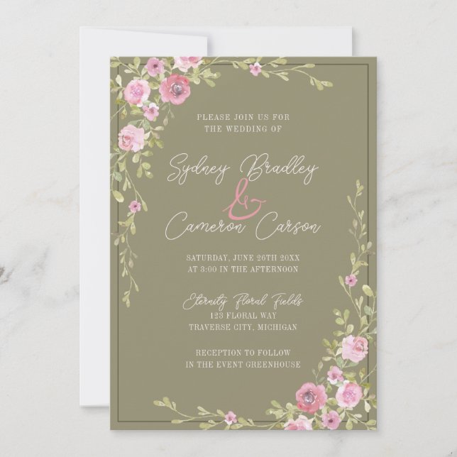 Convites Casamento Floral de Conto de Fadas Rosa e Verde co (Frente)