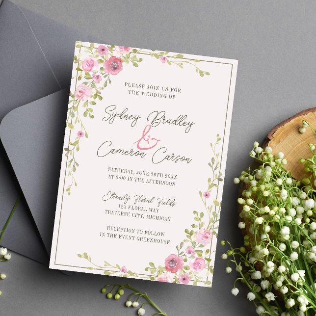 Convites Casamento Floral de Conto de Fadas Rosa e Verde co (Criador carregado)
