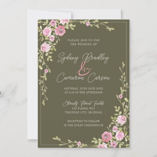 Convites Casamento Floral de Conto de Fadas Rosa e Verde co (Frente)