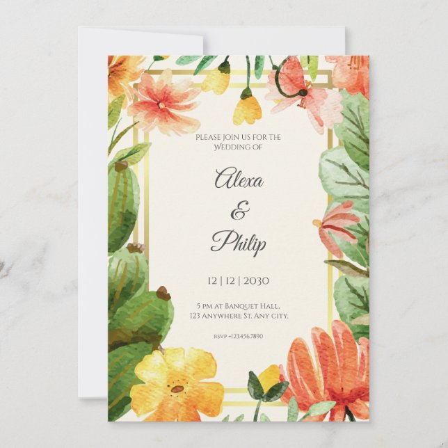 Convites Casamento Floral de Cor Amarela Verde Laranja (Frente)