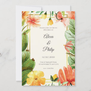 Convites Casamento Floral de Cor Amarela Verde Laranja
