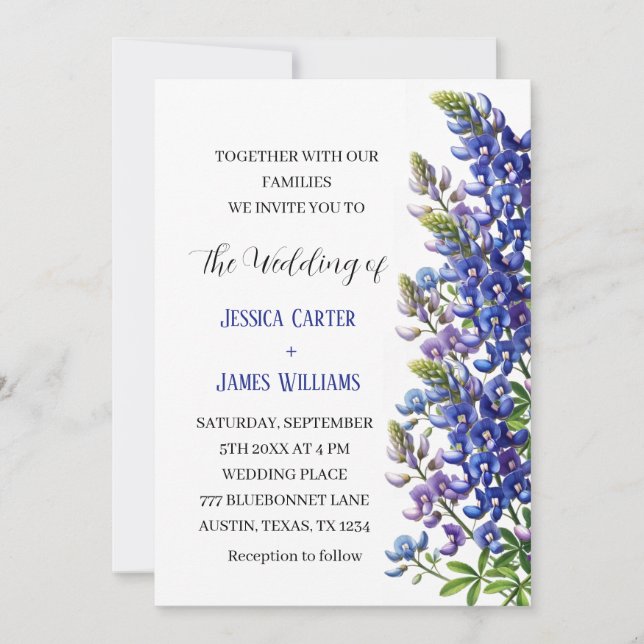 Convites Casamento Floral de Cor Azul-Azul do Texas (Frente)