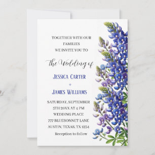 Convites Casamento Floral de Cor Azul-Azul do Texas