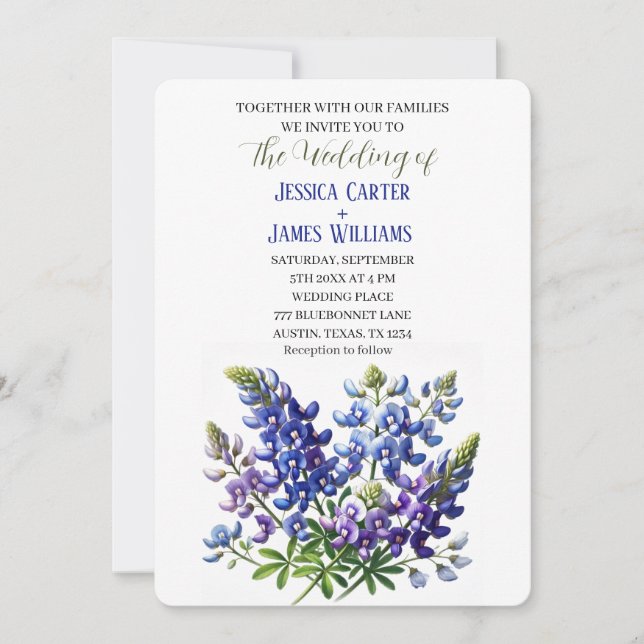 Convites Casamento Floral de Cor Azul-Azul do Texas (Frente)