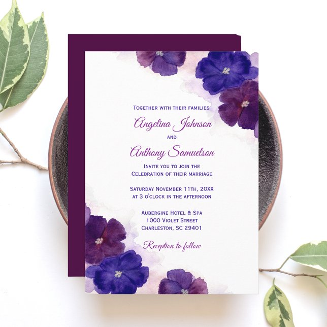 Convites Casamento Floral de Cor Azul-Azul Roxo (Purple Plum Royal Blue Watercolor Floral Wedding Invitation)