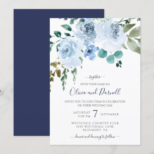 Convites Casamento Floral de Cor Azul-Claro MARINHO