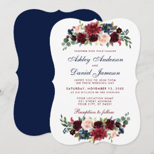 Convites Casamento Floral De Cor Azul Da Borgonha Elegante