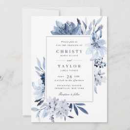 Convites Casamento Floral de Cor Azul de Marinho Moderno