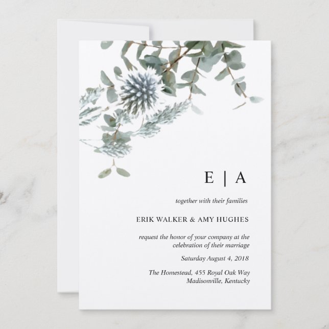 Convites Casamento floral de cor azul-doce (Frente)