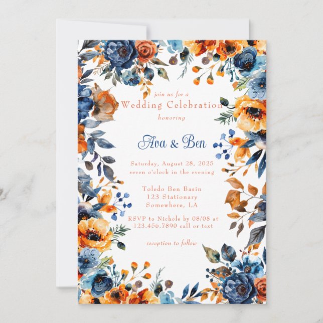 Convites Casamento Floral de Cor Azul e Laranja (Frente)