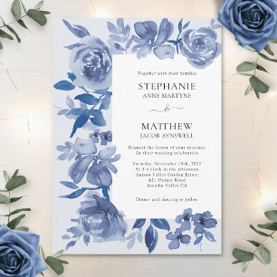 Convites Casamento Floral de Cor Azul Elegante