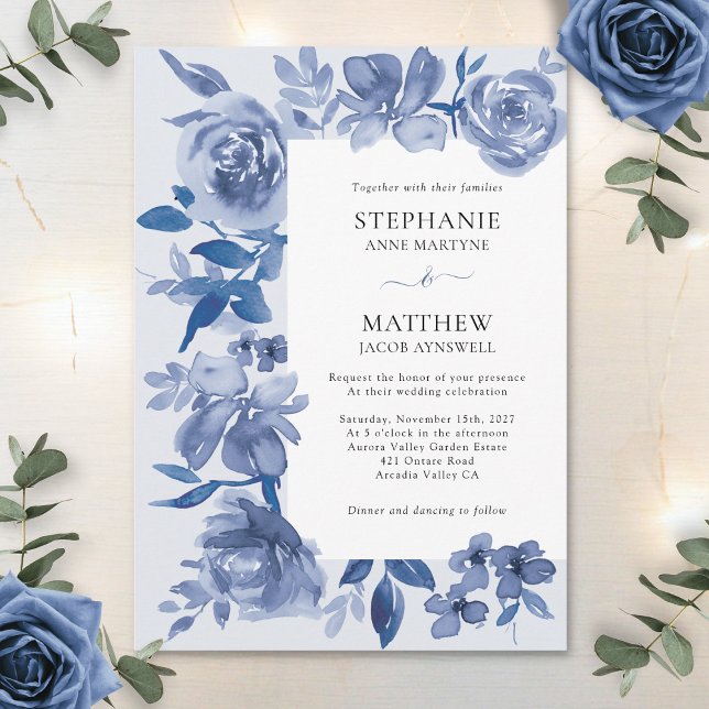 Convites Casamento Floral de Cor Azul Elegante (Criador carregado)