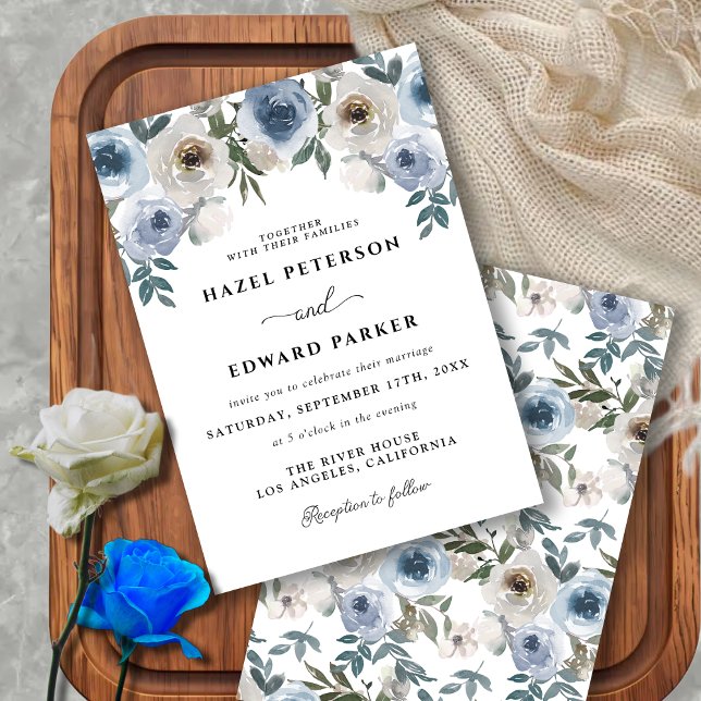 Convites Casamento Floral de Cor Azul Elegante (Elegant Dusty Blue Watercolor Floral Wedding Invitation)