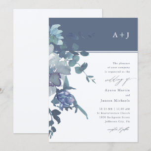 Convites Casamento Floral de Cor Azul Elegante