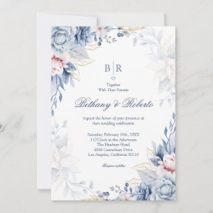 Convites Casamento Floral de Cor Azul Elegante e Dourada