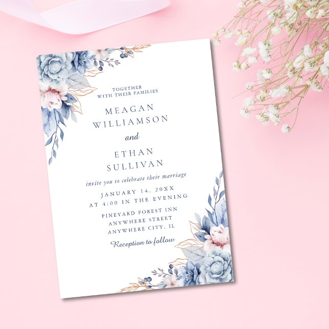 Convites Casamento Floral de Cor Azul Elegante Moderno (Modern Elegant Chic Minimalist Winter Blue Floral Wedding Invitation)