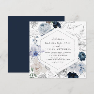 Convites Casamento floral de cor azul empoeirado Elegante