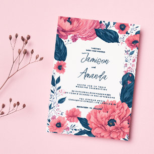 Convites Casamento floral de cor azul-marinho-botânico rosa