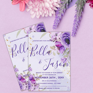 Convites Casamento Floral de Cor Azul Púrpura Elegante