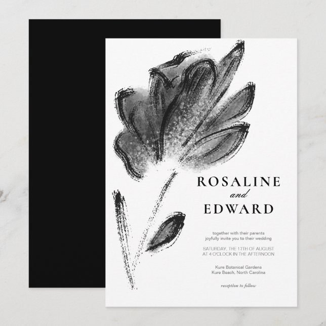 Convites Casamento Floral de Cor Branca e Preta Elegante (Frente/Verso)