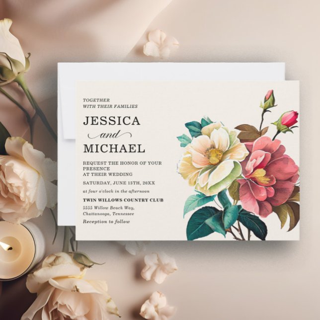 Convites Casamento Floral de Cor Branca Vermelha (Red and white watercolor floral wedding invitation)