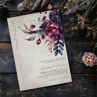 Convites Casamento Floral de Cor da Água Púrpura Gótica Ele