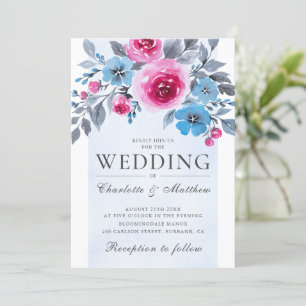Convites Casamento Floral De Cor De Água, Cor De Rosa E Azu
