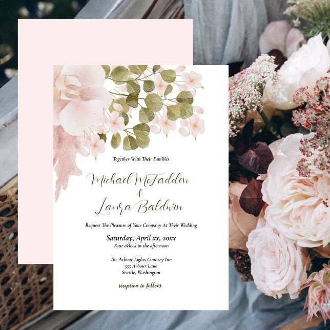 Convites Casamento Floral de Cor de Água Elegante Rosa Esbr (Blush Pink and Green, Elegant Boho Style Wedding Invitation)