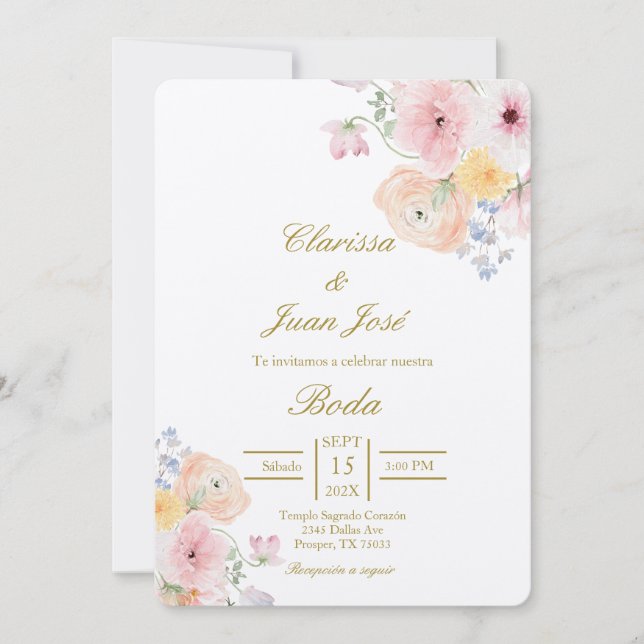 Convites Casamento floral de cor-de-água em espanhol (Frente)