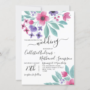 Convites Casamento Floral de Cor de Água Púrpura Rosa Elega