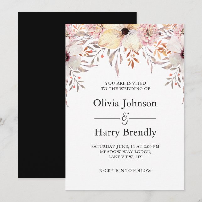 Convites Casamento Floral de Cor de Água Rosa Esbranquiçada (Frente/Verso)