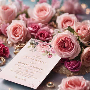 Convites Casamento Floral de Cor de Água Rosa-Rosa Elegante