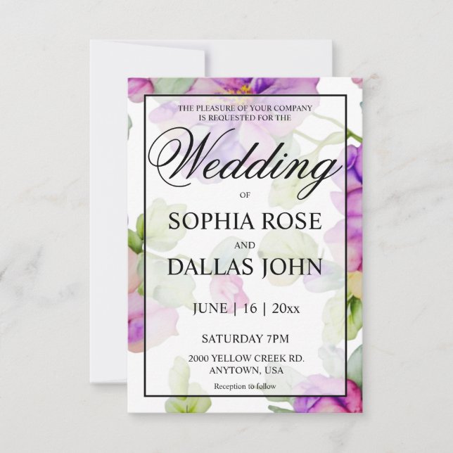 Convites Casamento floral de cor-de-água roxa-rosa-Elegante (Frente)