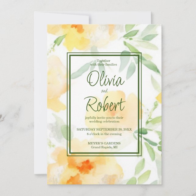 Convites Casamento floral de cor laranja amarela elegante (Frente)