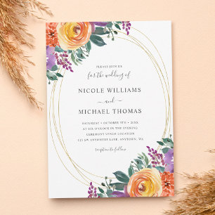 Convites Casamento Floral de Cor Laranja Roxo