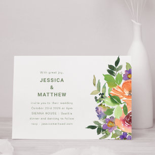 Convites Casamento Floral de Cor Laranja Roxo Minimalista