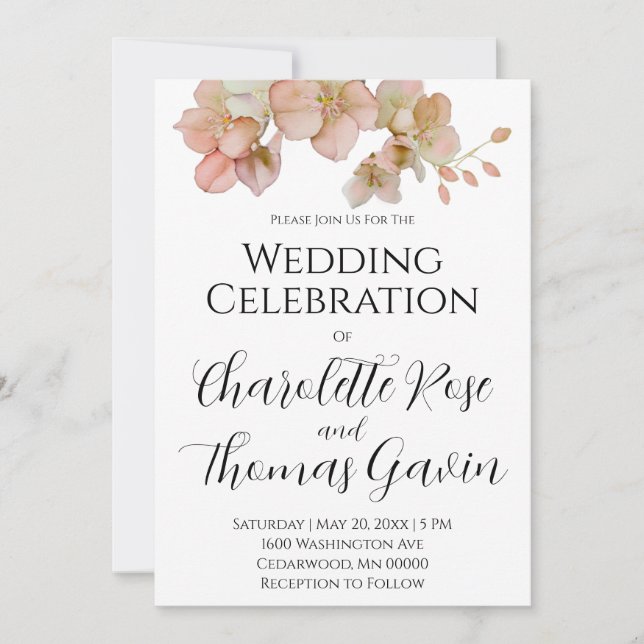 Convites Casamento floral de cor rosa-d'água elegante (Frente)