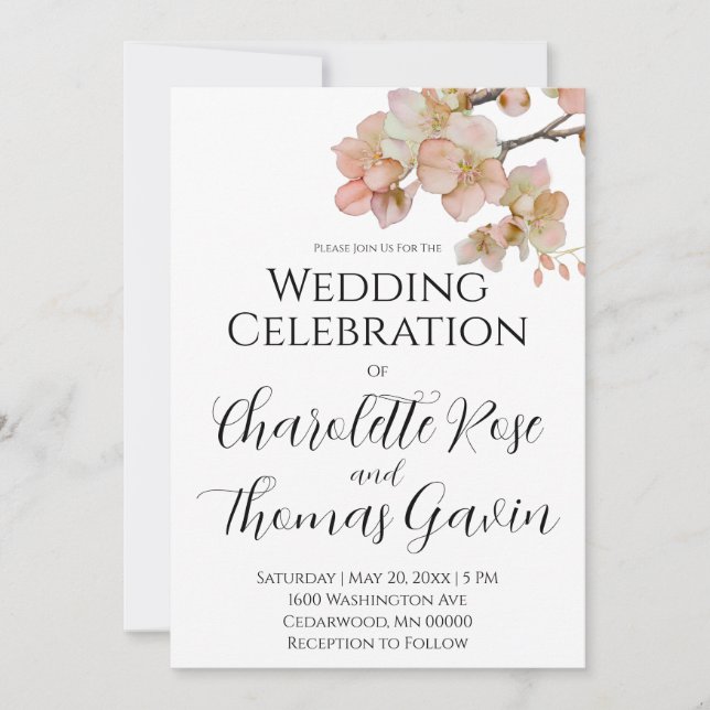 Convites Casamento floral de cor rosa-d'água elegante (Frente)