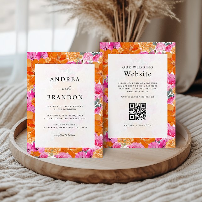 Convites Casamento Floral de Cor Rosa Vibrante e Laranja-Co (Criador carregado)