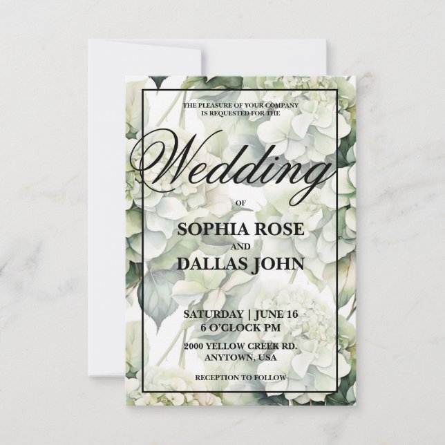 Convites Casamento floral de cor verde-esbranquiçada elegan (Frente)