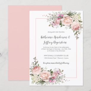 Convites Casamento Floral de Cor Verde-Rosa Esbranquiçada