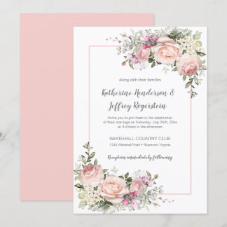 Convites Casamento Floral de Cor Verde-Rosa Esbranquiçada