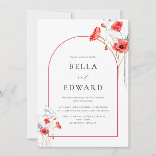 Convites Casamento Floral de Cor Vermelha Elegante Poppy
