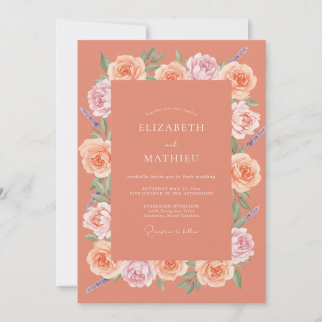 Convites Casamento Floral de Coral Blossom (Frente)