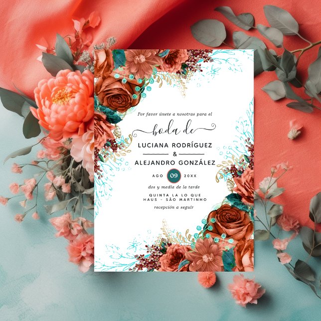 Convites Casamento Floral de Coral e Teal (Criador carregado)