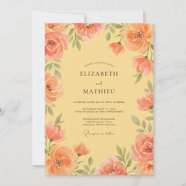 Convites Casamento Floral de Coral Romance (Frente)