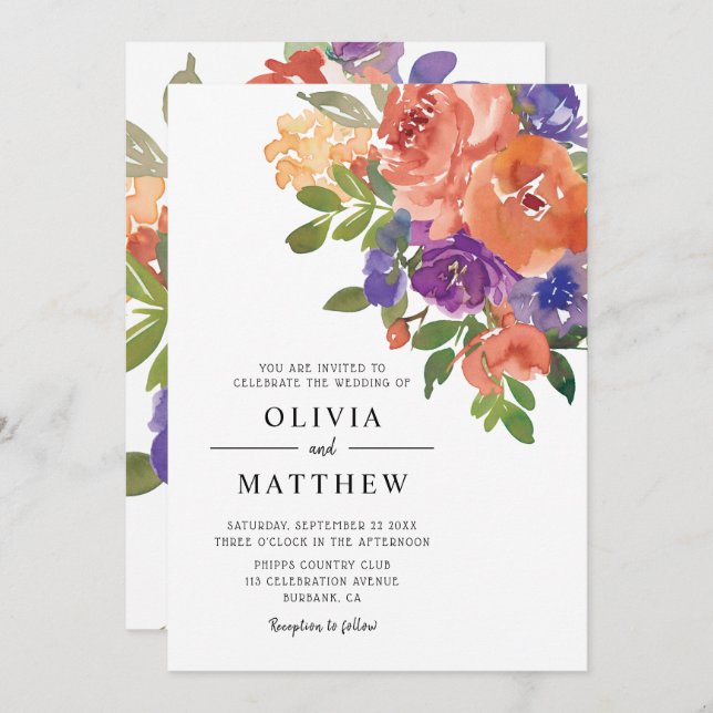 Convites Casamento Floral de Coral Roxo de Coral Moderno (Frente/Verso)