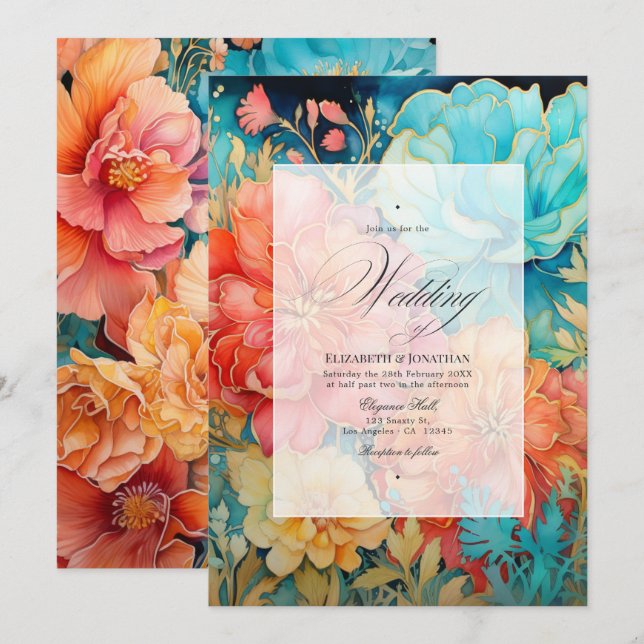 Convites Casamento Floral de Coral, Turquesa e Dourado (Frente/Verso)
