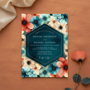 Convites Casamento Floral de Coral Turquesa na Floresta