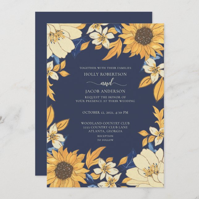 Convites Casamento Floral de Creme Amarelo Azul de Girassol (Frente/Verso)